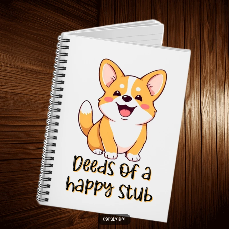 Funny Corgi notebook with a gleeful Corgi and a happily wagging stubby tail, ideal for note-taking.