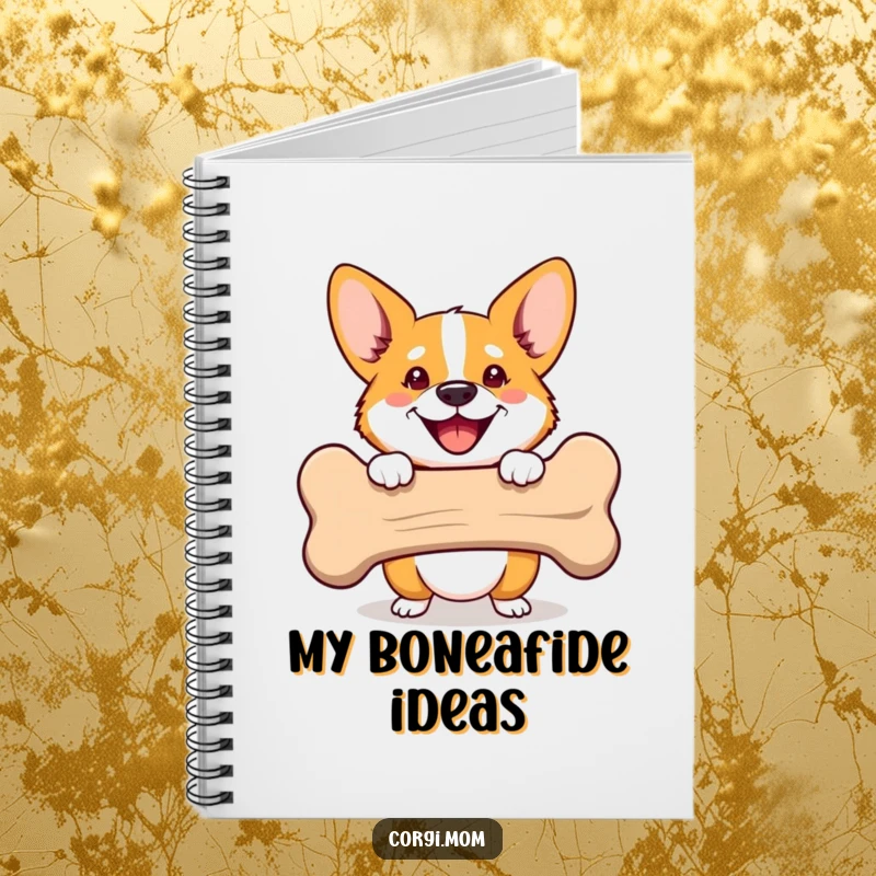 Funny Corgi notebook with a happy dog peeking from behind a bone. Perfect for note-taking and a funny gift.