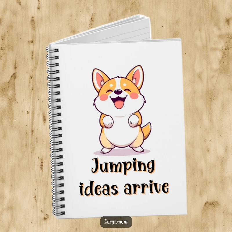 Funny cute Corgi notebook performing a joyful, squatting bounce. Perfect for note-taking and a funny gift.