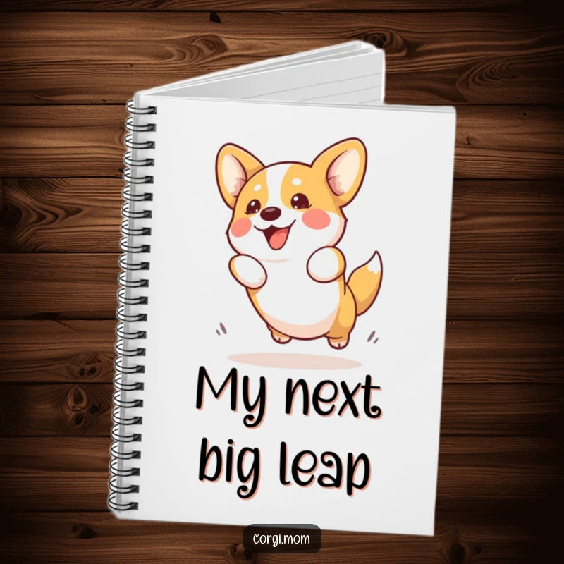 Funny Kawaii Corgi Notebook showing an energetic Corgi dog enthusiastically attempting a playful jump, ideal for humorous journaling and note-taking.