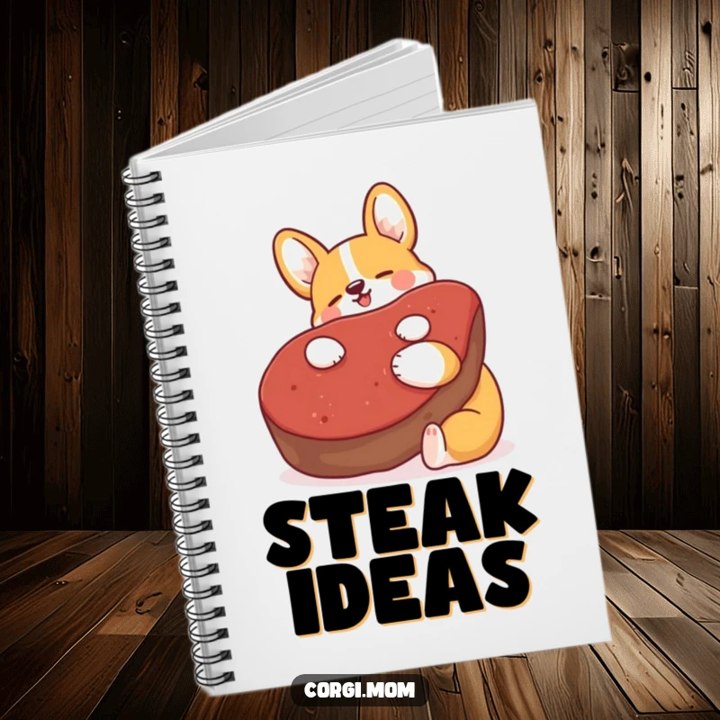 Funny Kawaii Corgi notebook, hugging a giant plush steak with pure bliss, ideal for jotting down funny notes.
