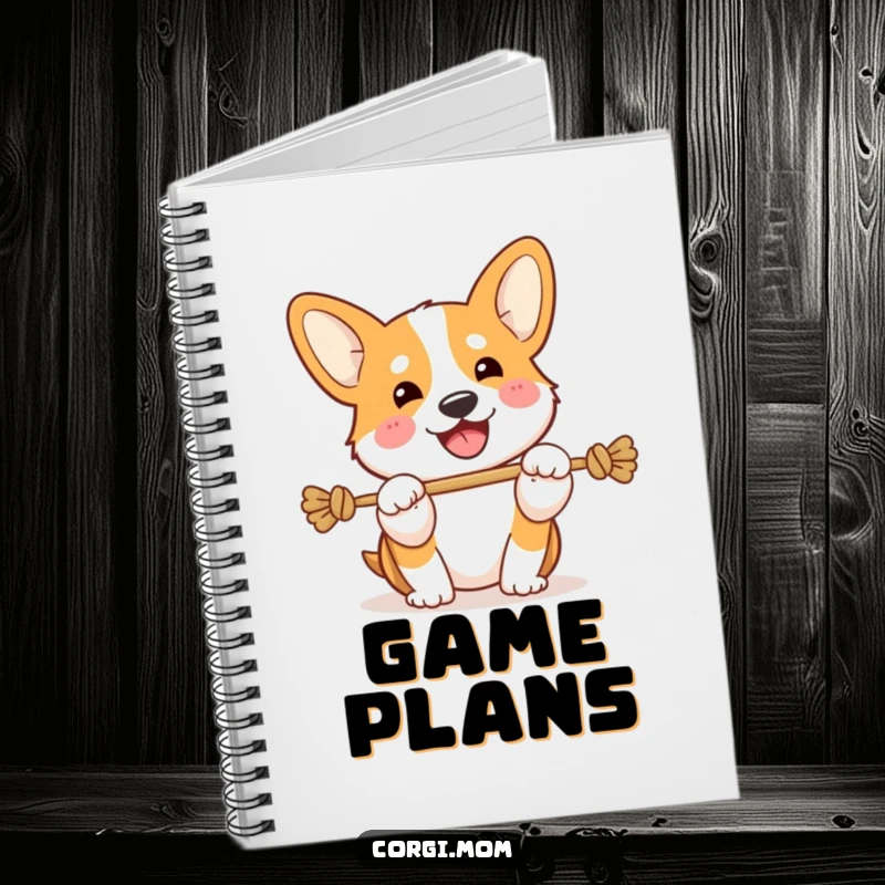 Funny Kawaii Corgi notebook, playing tug-of-war with a happy snort, ideal for energetic note-taking.