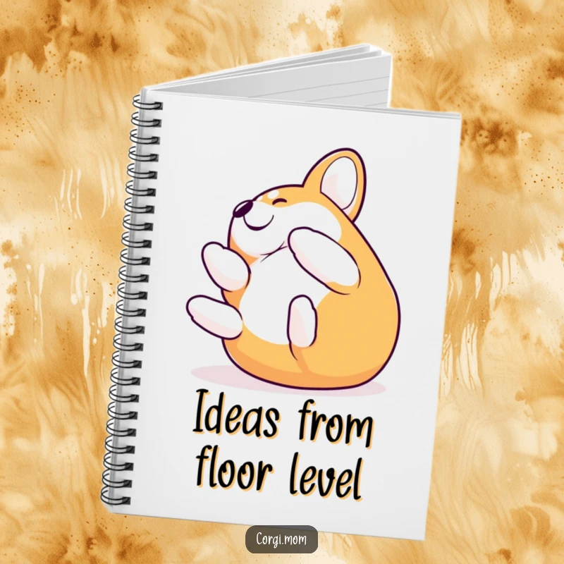Funny Corgi rolling with pure delight on a notebook cover, ideal for capturing ideas with humor.
