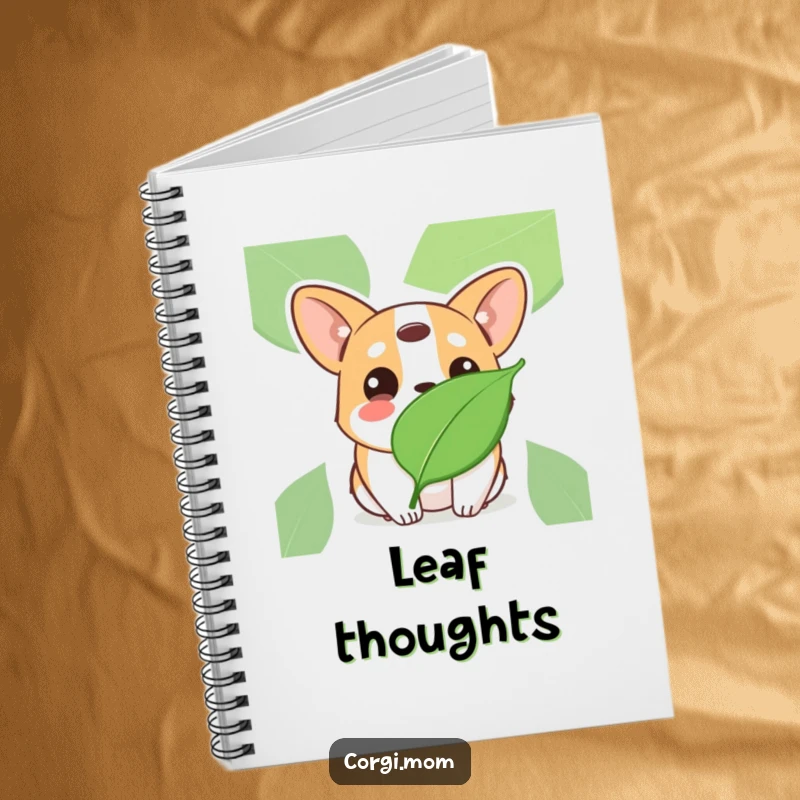 Funny Kawaii Corgi notebook, tilting head with innocent eyes at a floating leaf, ideal for creative journaling.