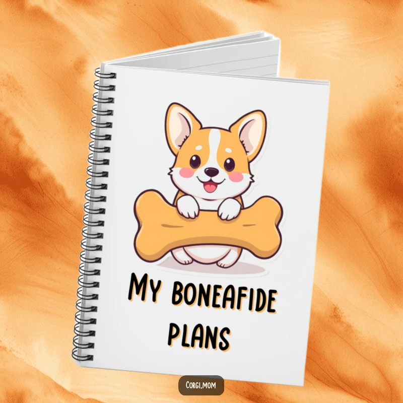 Funny Kawaii Corgi Notebook showing a cute Corgi dog peeking from behind a giant bone, ideal for humorous journaling.