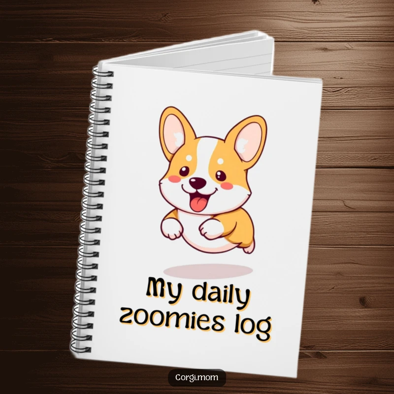 Funny kawaii corgi with extremely short legs running with determination, featured on the cover of a humorous notebook.