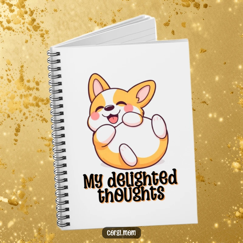 Funny Kawaii Corgi Notebook, perfect for jotting notes, shows a Corgi rolling with pure delight, a humorous stationery choice. Fun and functional.