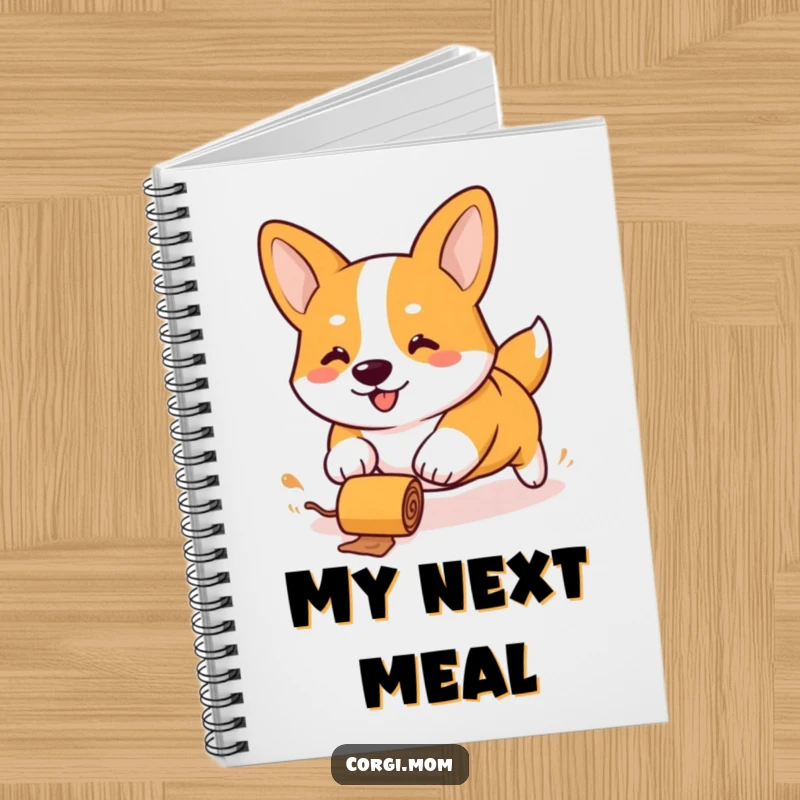 Funny Kawaii Corgi notebook, stubby legs chasing a rolling treat, ideal for jotting notes with a dose of canine humor.