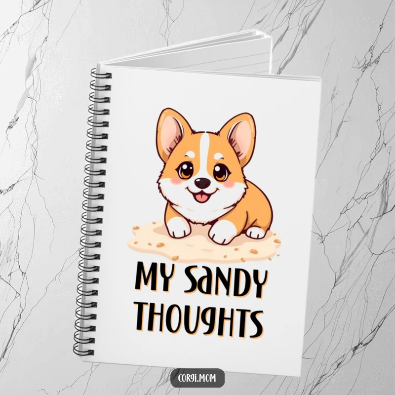 Funny Kawaii Corgi notebook, bright happy eyes, playfully digging in soft sand, ideal for notes with a humorous beach theme.
