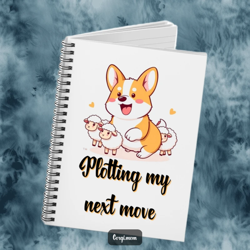 Funny Kawaii Corgi Notebook cover featuring an enthusiastic corgi intensely herding a group of invisible sheep.