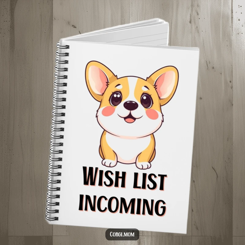 Funny kawaii corgi with large, pleading, eager eyes looking up, featured on the cover of a humorous notebook.