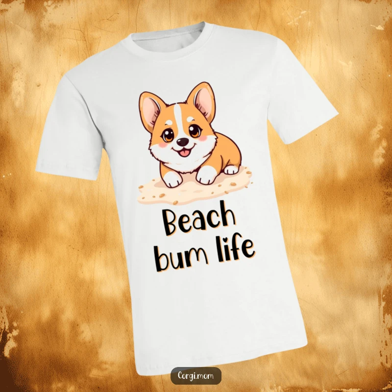 Funny Kawaii Corgi t-shirt, bright happy eyes, playfully digging in soft sand, representing joyful outdoor fun and humor.