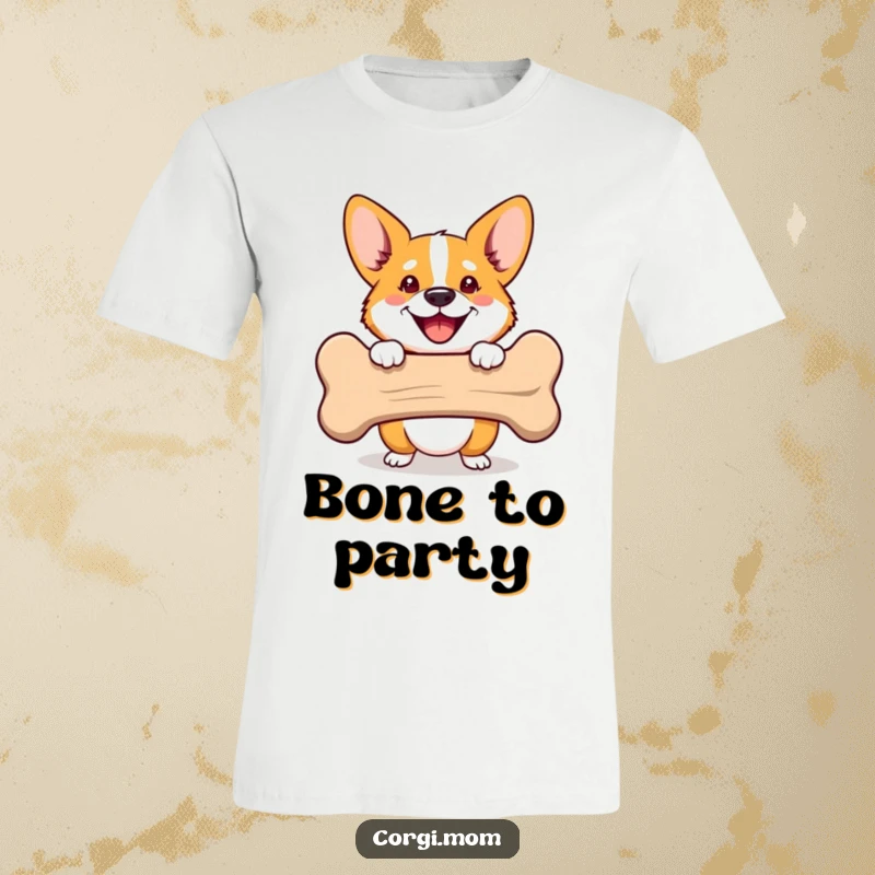 Funny Corgi t-shirt featuring a happy dog peeking from behind a bone. Great for a funny gift and dog-themed fun.