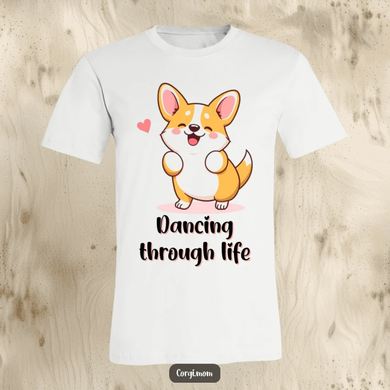 Funny Kawaii Corgi T-Shirt showing a cute Corgi dog doing a silly, happy wiggle dance, embodying pure canine joy.