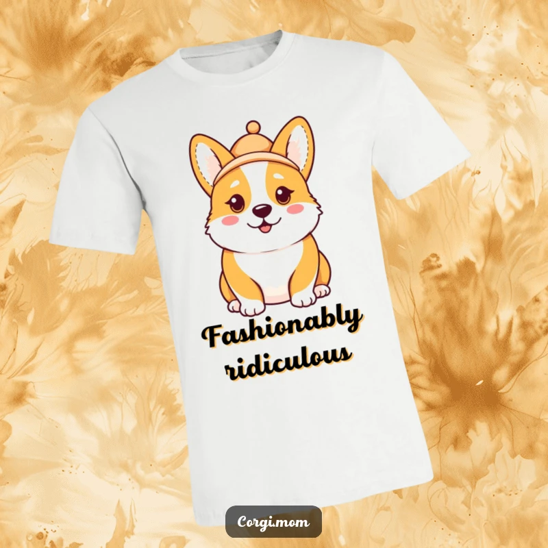 Funny Kawaii Corgi t-shirt, comical expression, miniature hat worn askew, showcasing a uniquely humorous and stylish canine look.