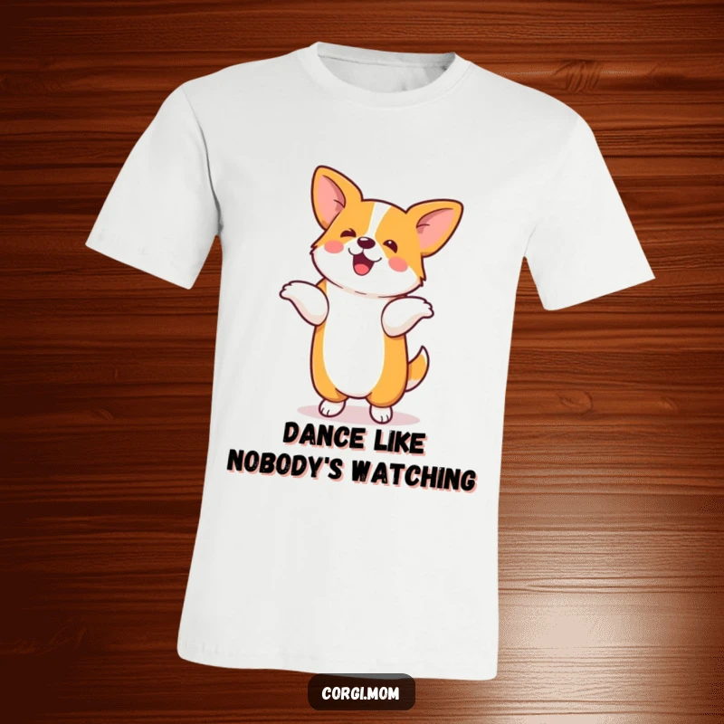 Funny t-shirt showing a kawaii corgi performing a hilarious dance on its hind legs, full of playful energy.