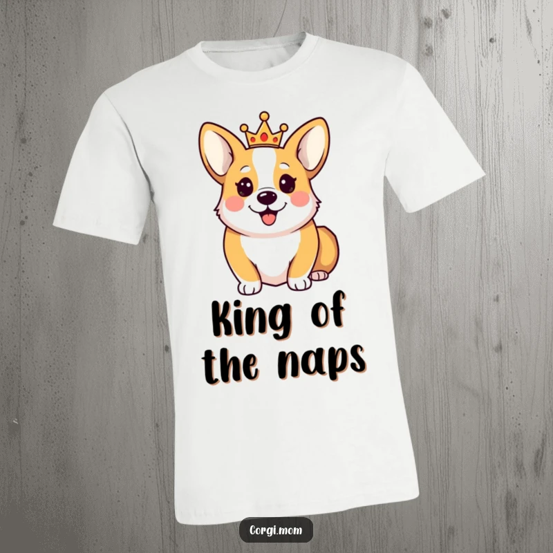 Funny Happy Corgi T-Shirt featuring a cute Corgi dog wearing a tiny crown, looking happy and undeniably regal.