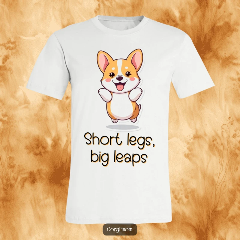 Funny kawaii Corgi leaps joyfully with its short legs, captured on this comfortable and humorous graphic t-shirt.