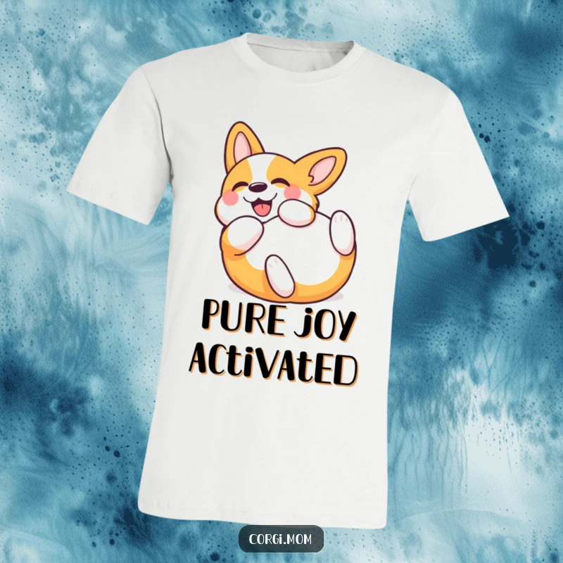 Funny Kawaii Corgi T-Shirt, hilariously rolling on its back with pure delight, ideal for pet owners. A comfortable and humorous wearable.