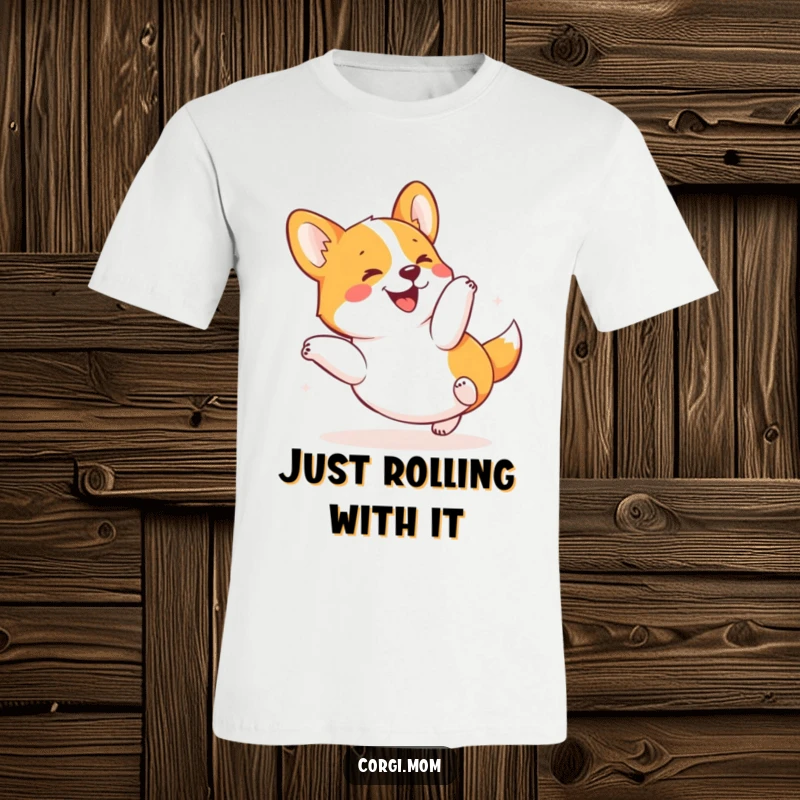 Funny Kawaii Corgi T-Shirt depicting a dog in a joyful tumble, perfect for lovers of cute and funny pet apparel.