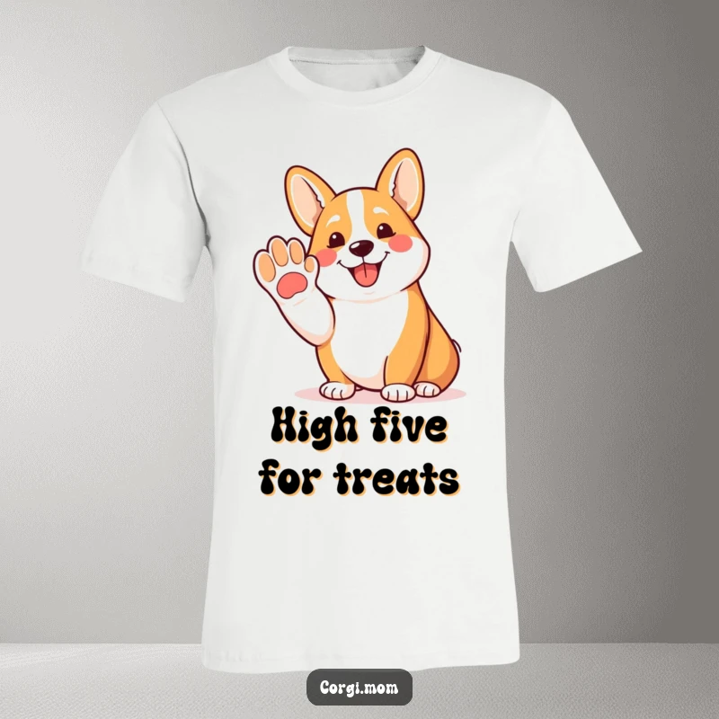 Funny Corgi t-shirt showing a happy Corgi reaching out a friendly paw with a joyful pant, great for dog fans.