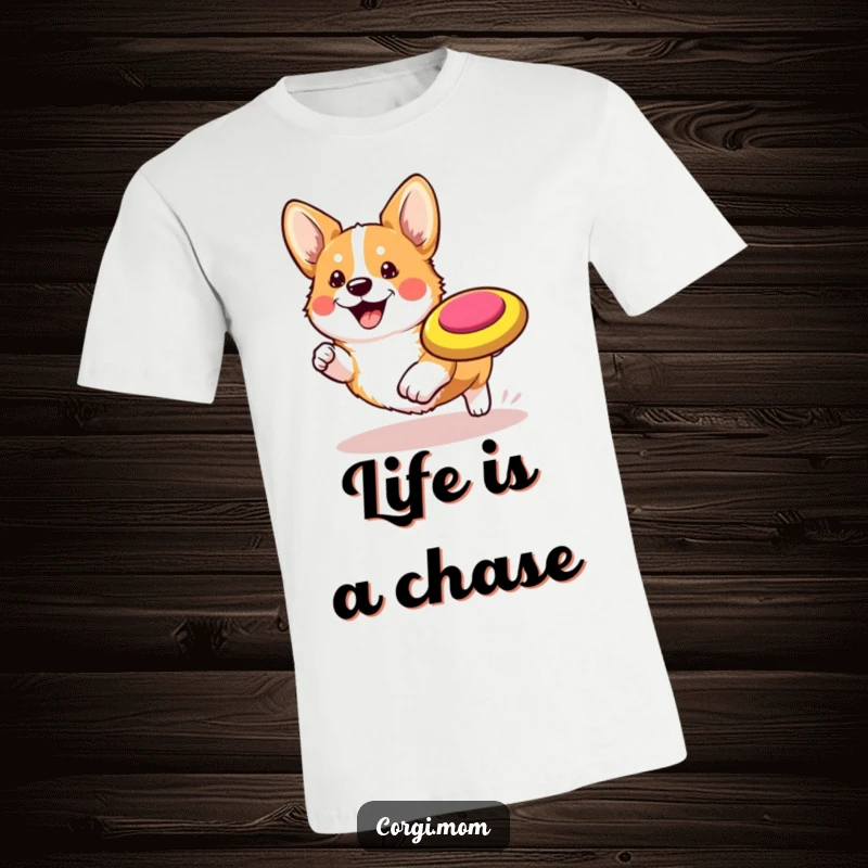 Funny Kawaii Corgi T-Shirt: A cute, smiling Corgi leaping joyfully to catch a bright frisbee.