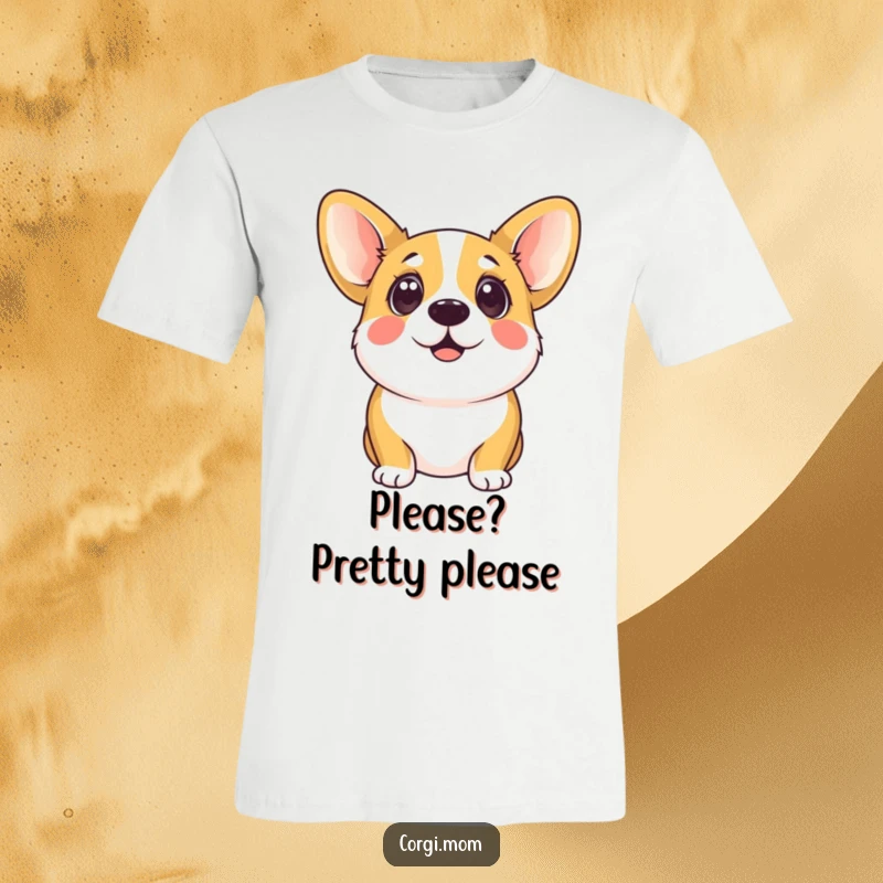 Funny kawaii corgi with large, expressive, eager eyes looking up, radiating sweetness on a comfortable t-shirt.