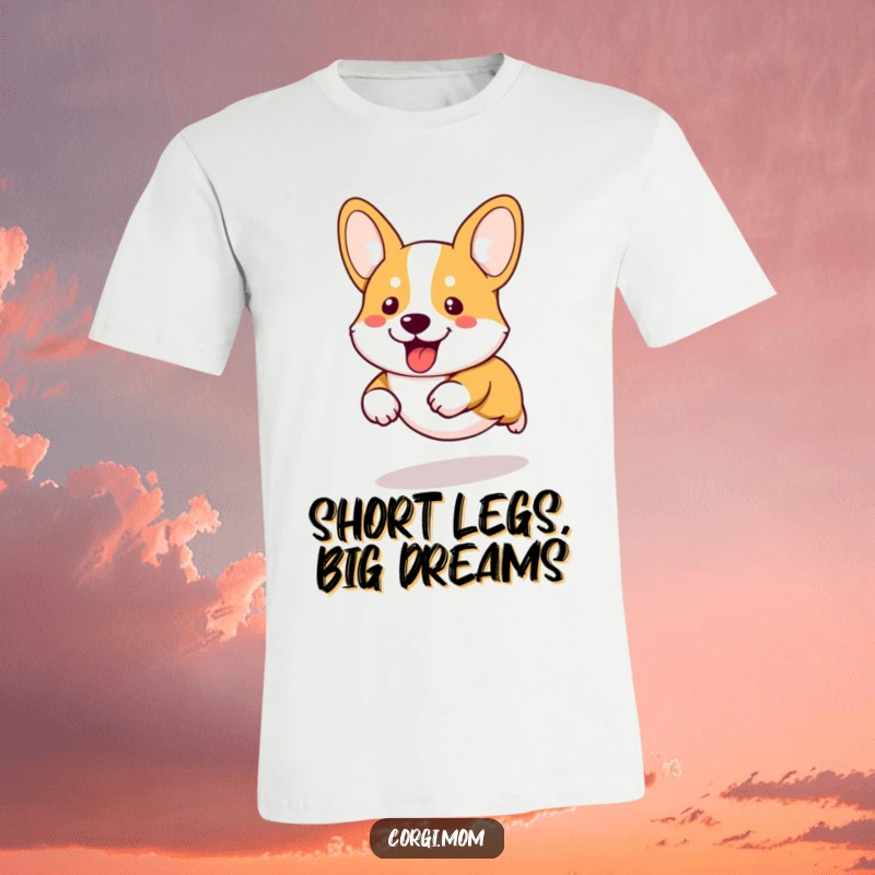 Funny kawaii corgi energetically running with comically short legs, showcasing a hilarious burst of speed on a t-shirt.