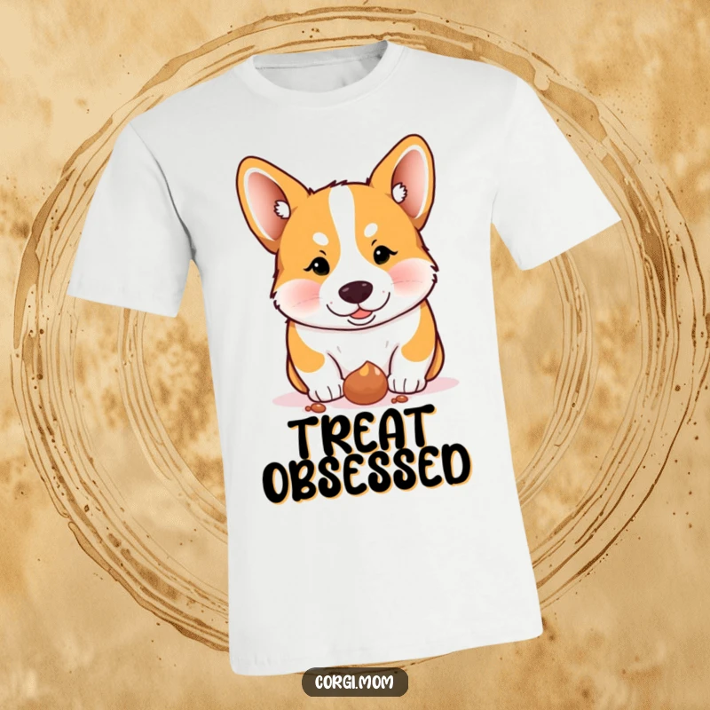 Funny Corgi t-shirt, a Corgi intensely staring at a dropped treat with pure, unadulterated excitement.