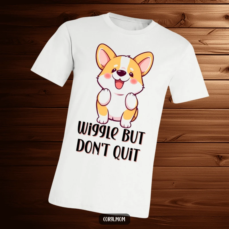 Funny kawaii Corgi wiggles its fluffy stubby tail with immense enthusiasm on this comfortable graphic t-shirt.