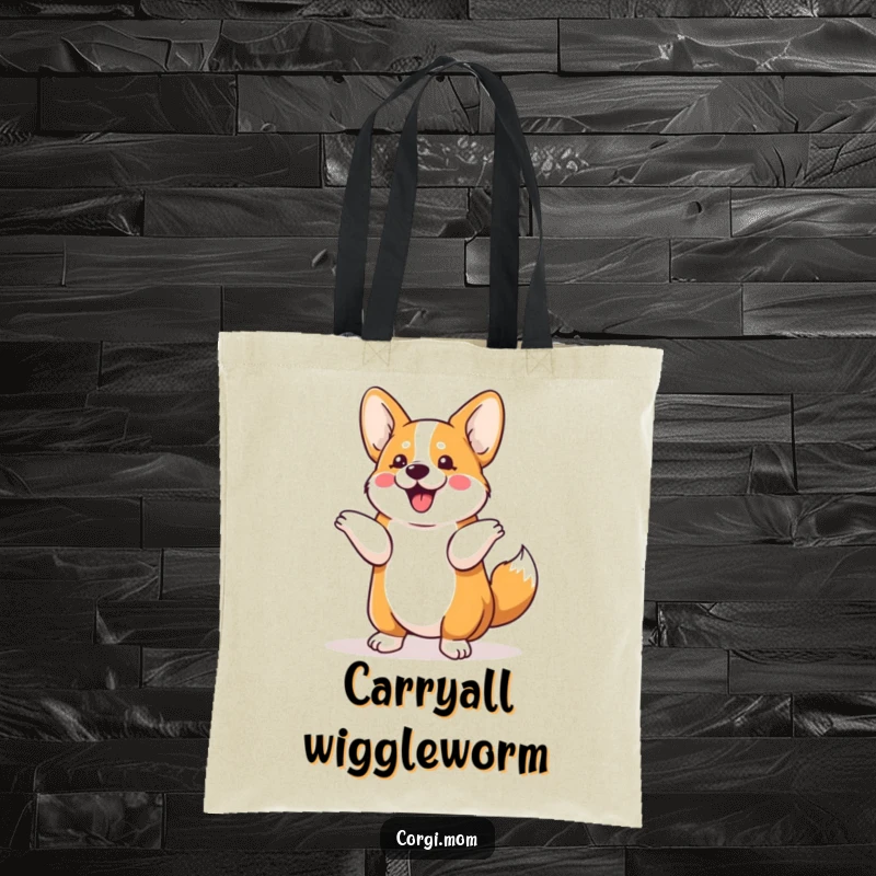 Funny Kawaii Corgi tote bag depicting a dog's joyful tail shimmy, a cute and practical accessory for daily use.