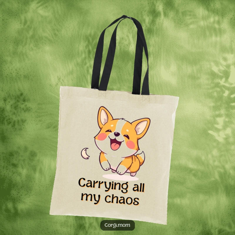 Happy Corgi character gleefully chasing its tail, depicted on a cute and functional tote bag.