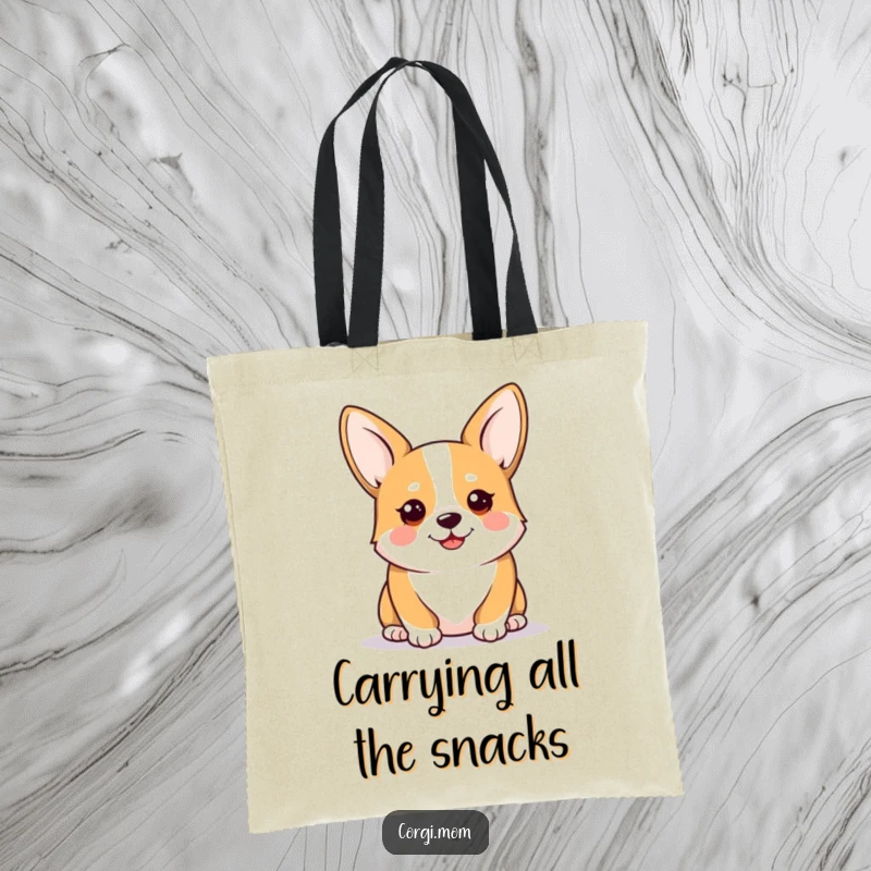 Funny Kawaii Corgi Tote Bag, showcasing an alert and happy corgi, perfect for errands and dog walks, a charming accessory.