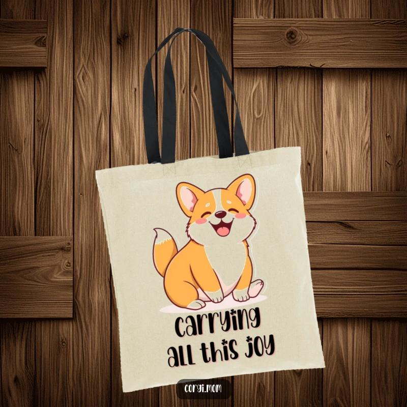 Funny Kawaii Corgi tote bag showcasing a cute Corgi wiggling its entire body with pure joy, a humorous accessory.