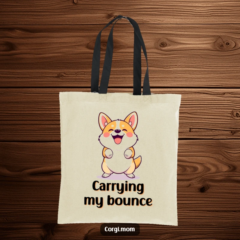 Funny cute Corgi tote bag performing a joyful, squatting bounce. Ideal for a funny gift and daily use.