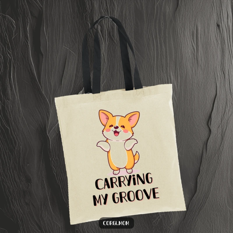 Funny tote bag with a kawaii corgi doing a silly dance on its hind legs, perfect for carrying your dancing essentials.