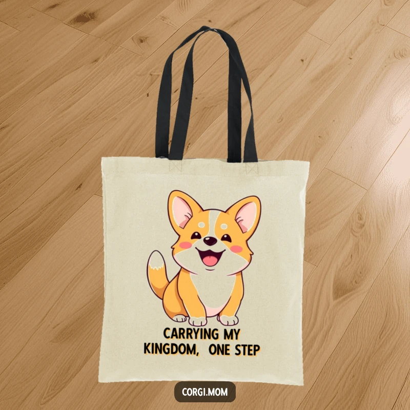 Funny Corgi tote bag depicting a gleeful Corgi with a happy, wagging stubby tail, ready for any adventure.
