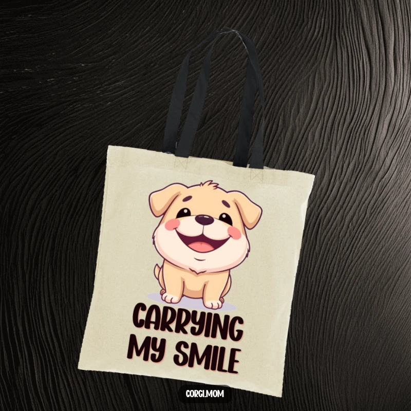 Funny tote bag featuring a squat dog with a wide, happy grin, perfect for carrying essentials with cheer and style.