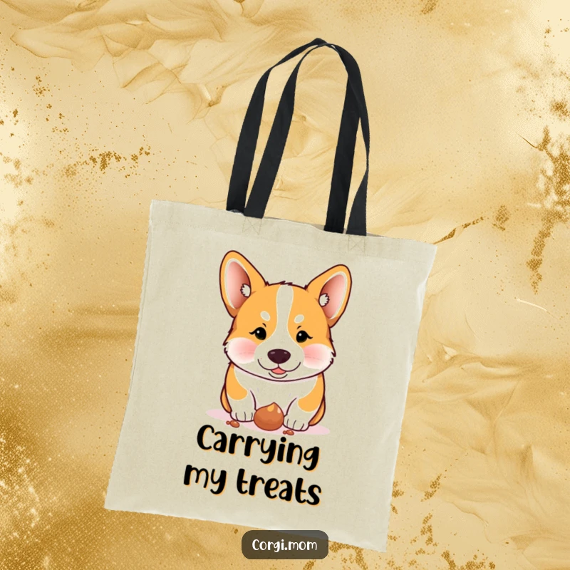 Funny Corgi tote bag, a Corgi intently looking at a dropped treat with excitement, ideal for shoppers.