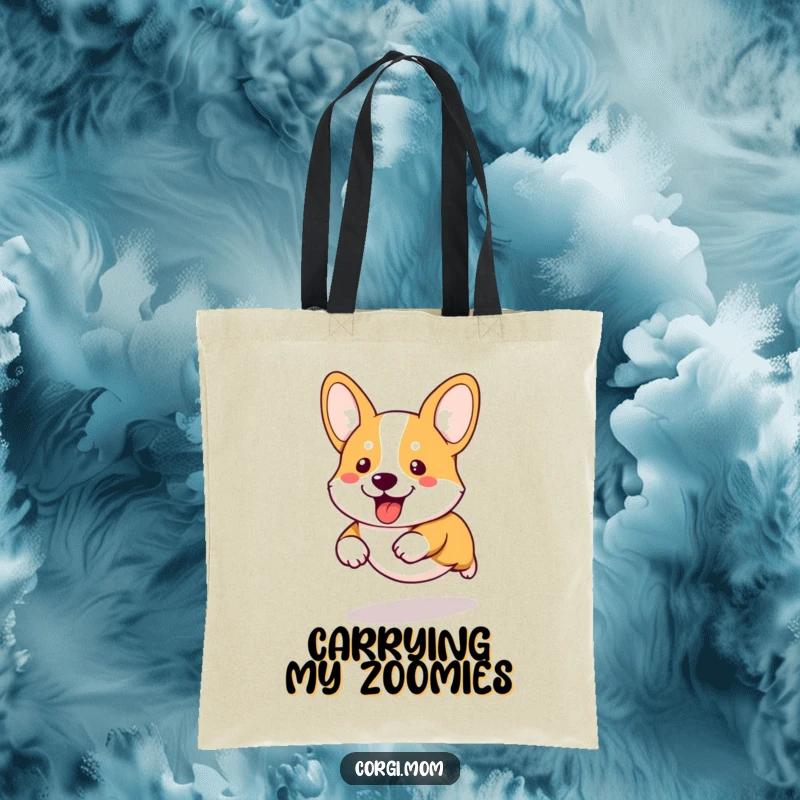 Funny kawaii corgi with comically short legs captured mid-run, showcasing its energetic spirit on a durable tote bag.