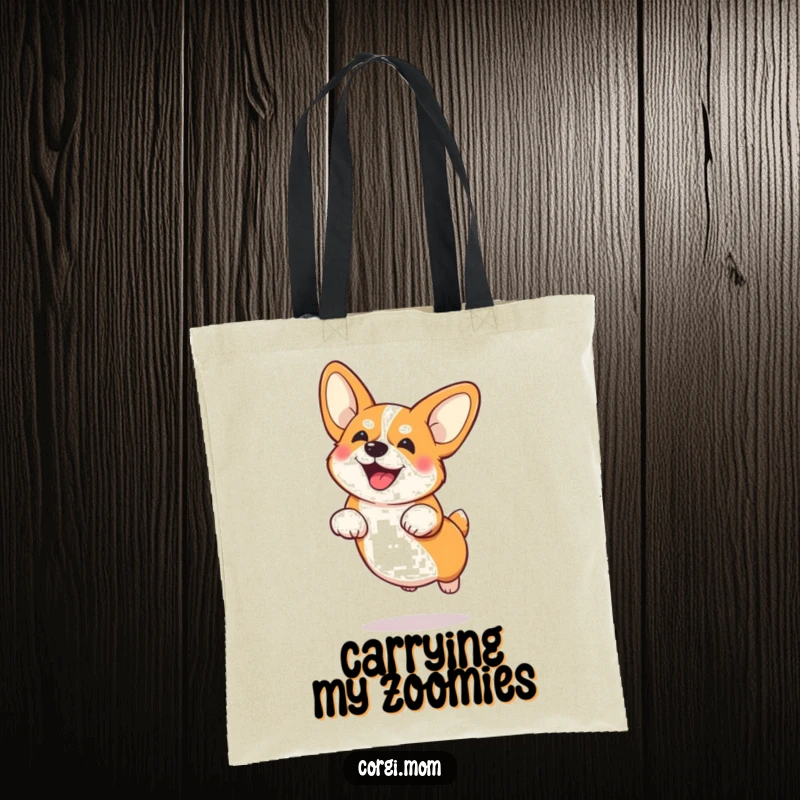 Playful Corgi with large ears doing a funny low jump, depicted on a cute and functional tote bag.