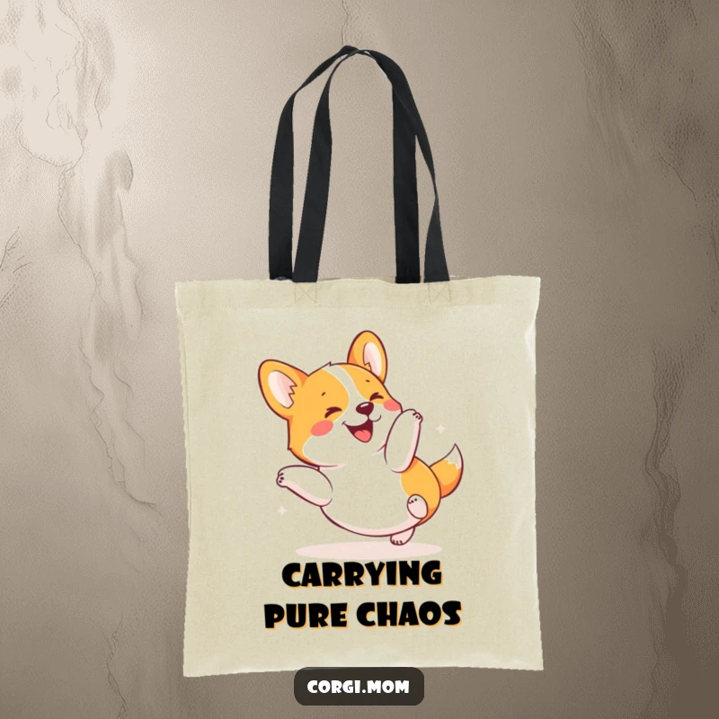 Funny Kawaii Corgi Tote Bag featuring a dog in a joyful tumble, a humorous and practical accessory for daily use.