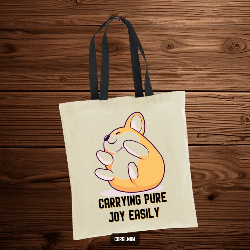 Funny Corgi ecstatically rolling on its back, printed on a durable tote bag, a humorous and practical accessory.