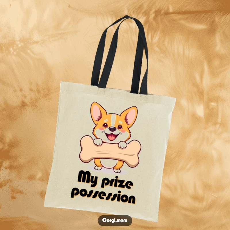 Funny Corgi tote bag with a happy dog peeking from behind a bone. Ideal for a funny gift and daily use.