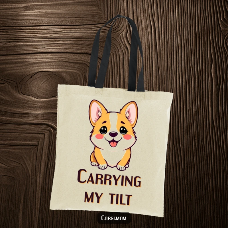 Funny tote bag with a kawaii corgi showcasing a comical, happy head tilt, radiating charm and curiosity.