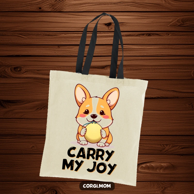Funny tote bag showcasing a kawaii corgi with a hopeful smile, presenting a slobbery ball, ready for adventure.
