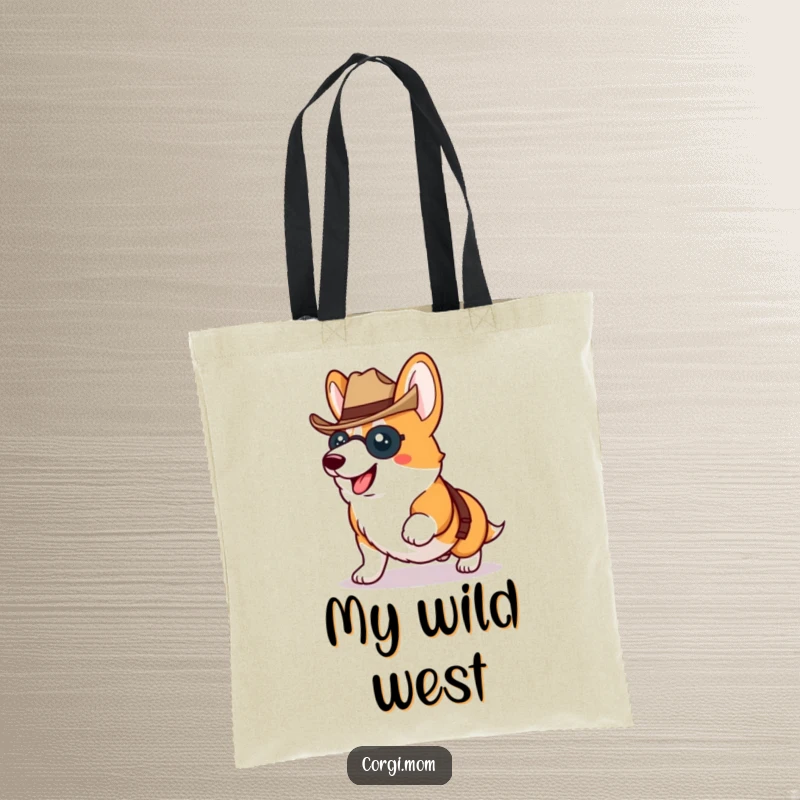 Funny Kawaii Corgi proudly trotting with a tiny cowboy hat, a humorous and practical tote.