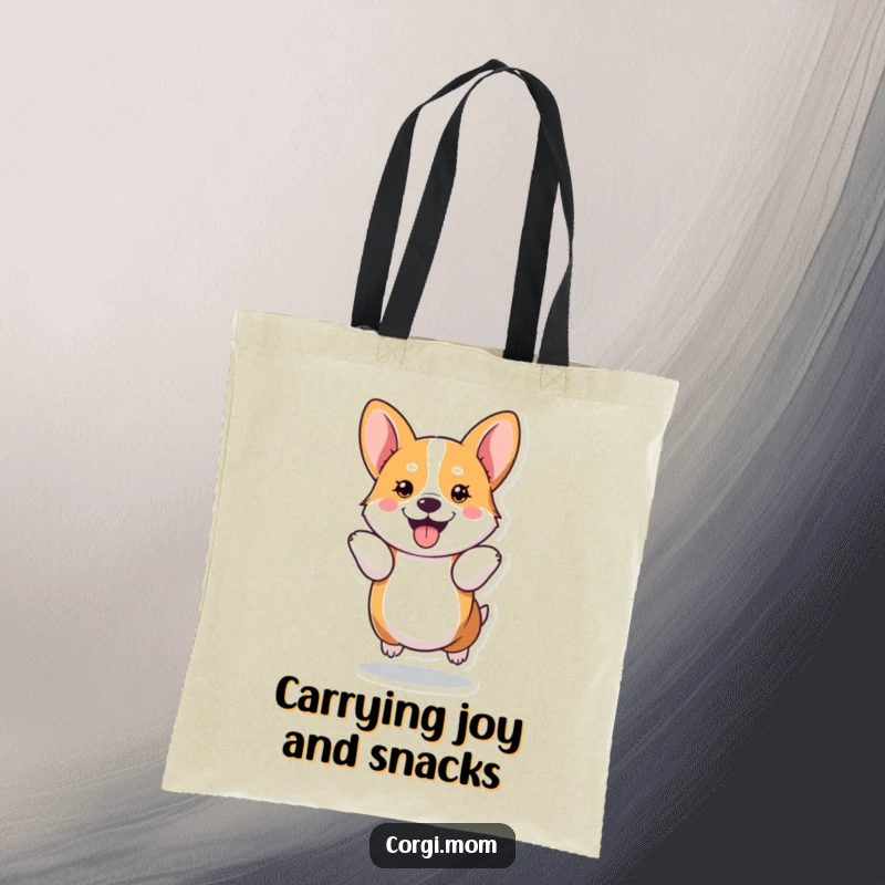 Funny kawaii Corgi performs a joyful hop using its short legs, showcased on this durable and stylish tote bag.