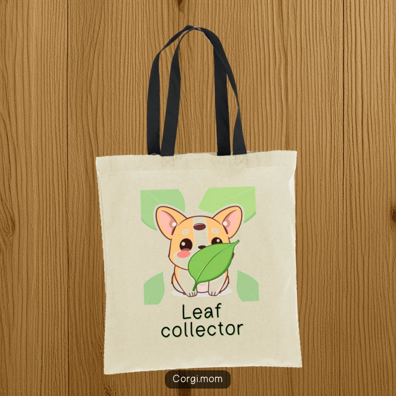 Funny Kawaii Corgi tote bag, tilting head with innocent eyes at a floating leaf, humorous and practical.