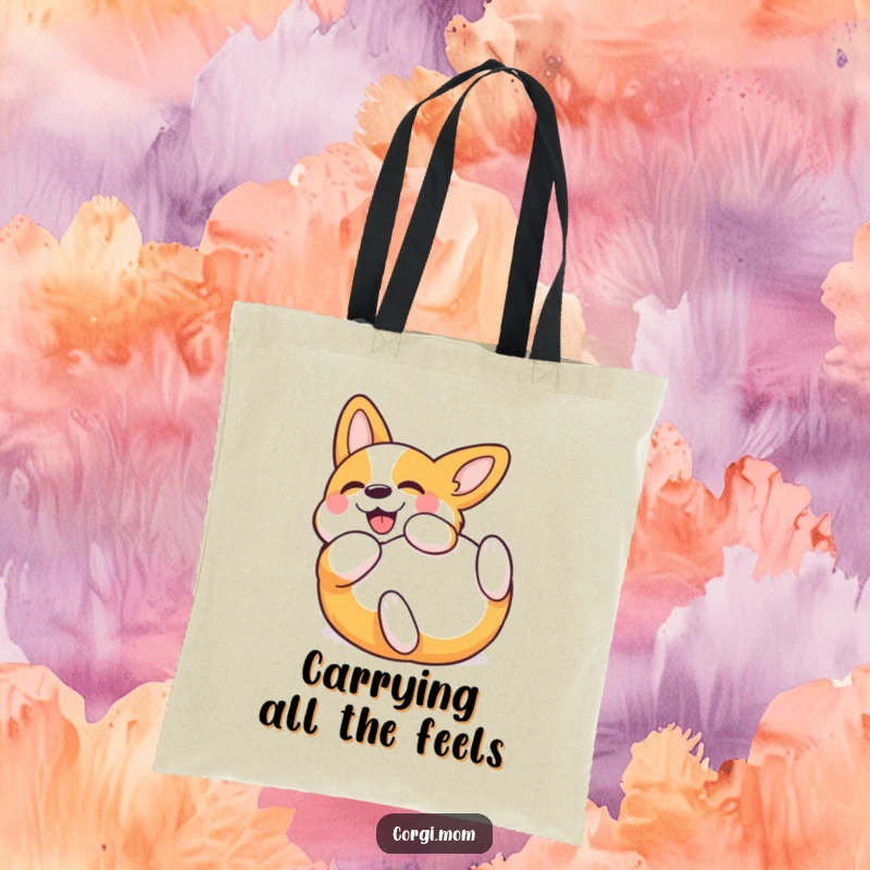 Funny Kawaii Corgi Tote Bag, joyfully rolling on its back, perfect for carrying essentials with a smile. A humorous and practical accessory.
